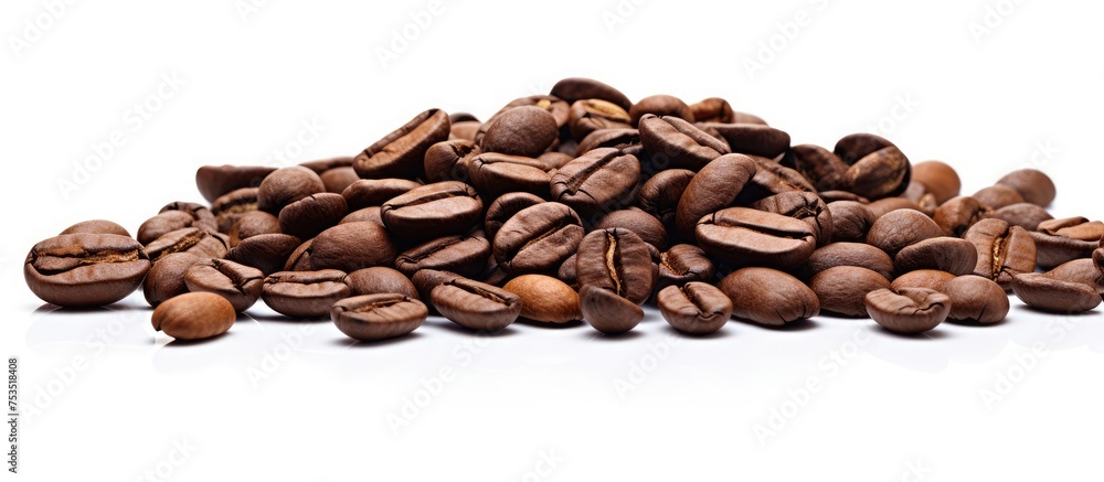 Poster aromatic roasted coffee beans in a rustic pile ready for brewing espresso and latte