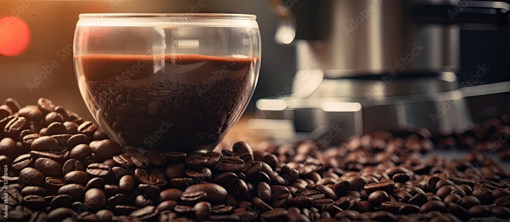 Poster rich aroma of freshly brewed coffee in roasted beans and steaming cup, enjoy a sip of java bliss