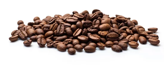 Tuinposter Rich Aroma of Roasted Coffee Beans Poured on White Background with Copy Space for Branding © vxnaghiyev