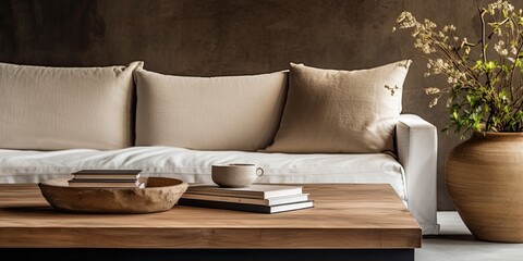Rustic coffee table, beige sofa, cup of coffee, book, decoration, and elegant accessories in stylish home decor.