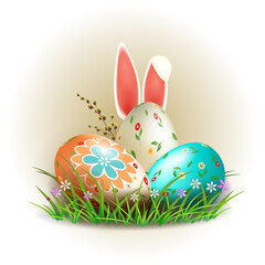 Easter eggs with rabbit ears, flowers and a willow branch.