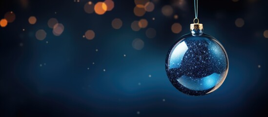 Obraz na płótnie Canvas Gleaming Blue Christmas Ball Suspended on a Thin String in Festive Holiday Decor