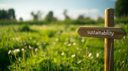 Sustainability Signpost in Lush Meadow
