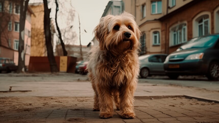 shaggy dog posing on the street
