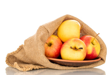 Several yellow apples on a ceramic plate with a jute sack, macro, isolated on white background.