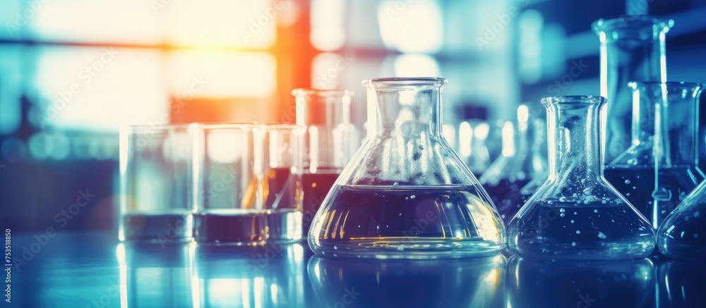 Poster colorful laboratory glassware filled with various liquids in a science laboratory setting