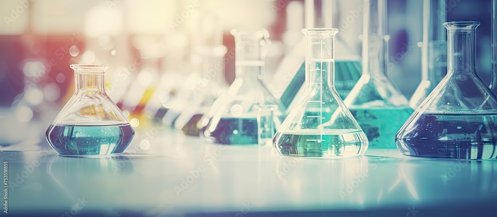 Aufkleber scientific experimentation with a row of colorful glass flasks on laboratory table