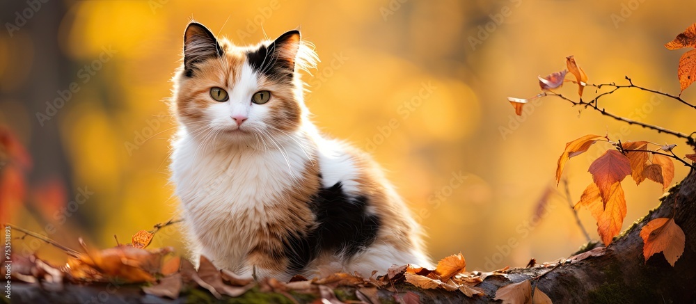 Poster curious tabby cat relaxing on autumn tree branch surrounded by colorful leaves