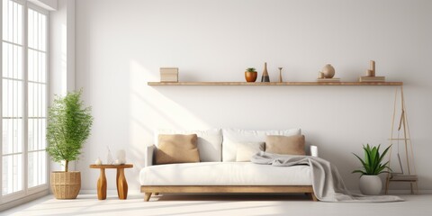 Modern apartment with a bright living room, comfortable sofa by a big window, wooden shelf with pots and home decor on white wall.