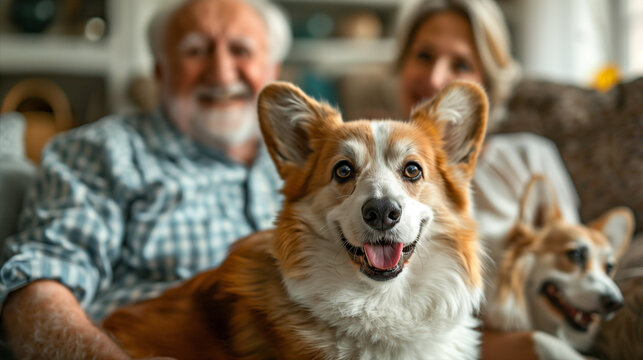 Pet Parent. Elderly couple and cute corgi dog Be like a family member smiling with happiness.