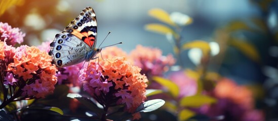 Colorful Butterfly Resting Gracefully on Vibrant Flower Petals in a Serene Garden Setting