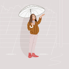 Girl Standing holding umbrella in the rain, stormy weather