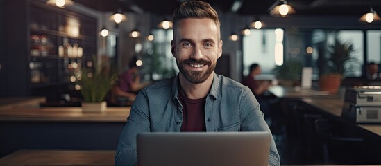 Obraz premium Focused Man Working on Laptop at Modern Workspace with Coffee and Notebook