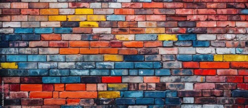 Poster a brick wall featuring a striking pattern of red, yellow, and blue bricks arranged in a captivating 
