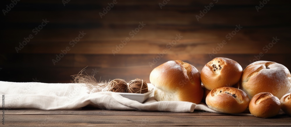 Poster Assorted Bread Rolls Displayed on Rustic Wooden Table for Bakery Concept