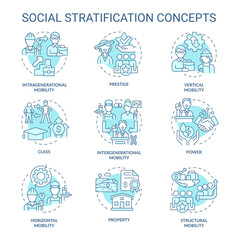 Social stratification and mobility soft blue concept icons. Socioeconomic status. Society structure. Icon pack. Vector images. Round shape illustrations. Abstract idea. Easy to use in article