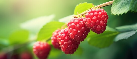 Vibrant Red Raspberries Dangling from a Lush Green Branch in Nature's Bounty