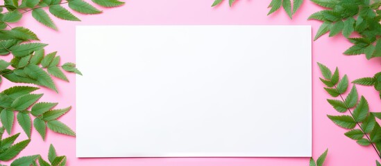 Freshness and Nature Concept with Blank Paper on Pink Background Surrounded by Lush Green Leaves