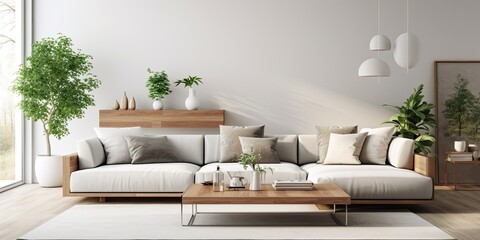 Modern home decor with a stylish living room including a modular sofa, wooden coffee table, and elegant accessories.