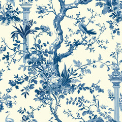 Toile De Jouy Vintage Floral Seamless Pattern Elegant Vector Graphics 02 - 753519695