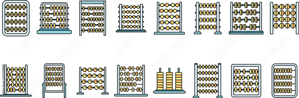 Poster calculate abacus icons set outline vector. finance education. math count color line isolated