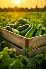 Zucchini harvested in a wooden box with field and sunset in the background. Natural organic fruit abundance. Agriculture, healthy and natural food concept. Vertical composition.