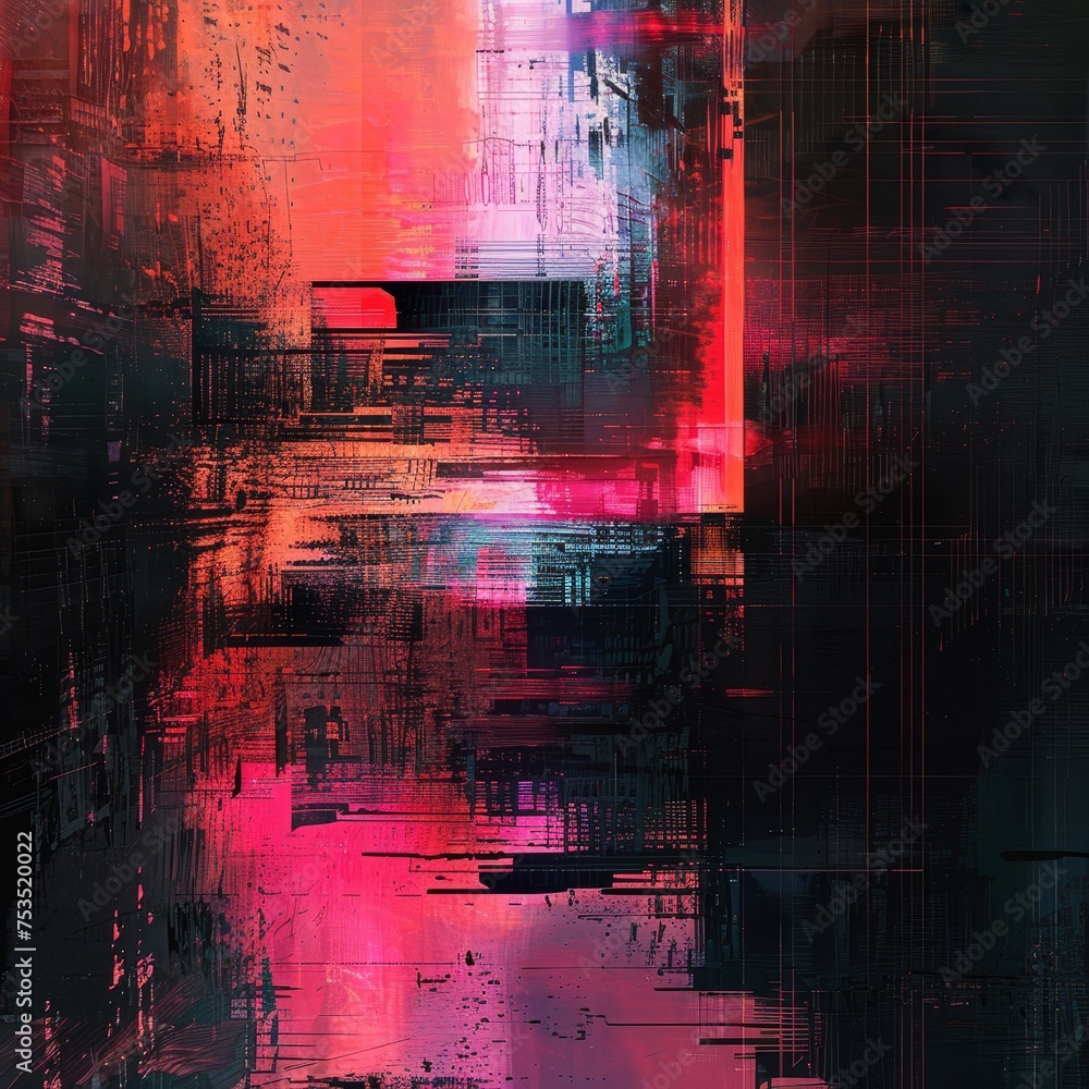 Poster glitch art with cyberpunk vibes on metallic textures, softened by subtle shadows creates an intrigui