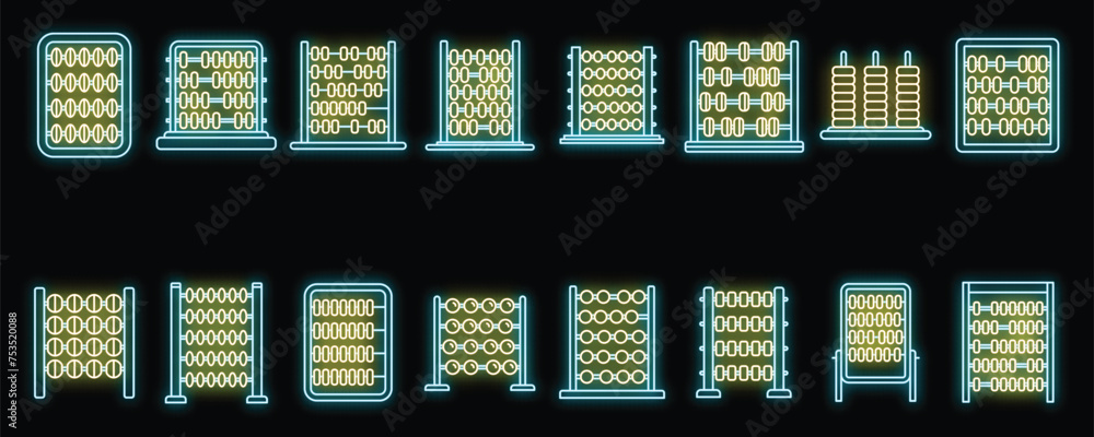 Poster calculate abacus icons set outline vector. finance education. math count neon isolated