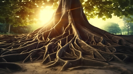 Close-up of tree roots in soil, underground texture