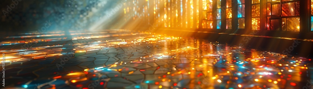 Poster mosaic tiles creating an ethereal light effect in a vintage abstract setting.