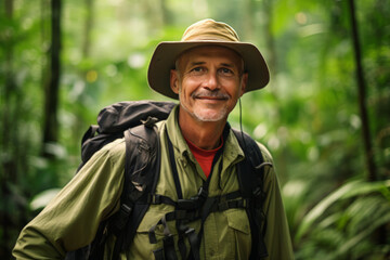 Obraz premium Mature Male Hiker Exploring Rainforest, Wearing Hat and Backpack
