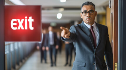 Serious businessman pointing towards exit sign in office corridor