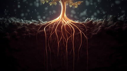 Close-up of tree roots in soil, underground texture