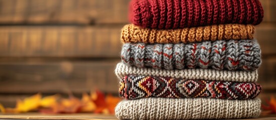 Autumn-colored knitted woolen sweaters stacked on a wooden table, showcasing various patterns.