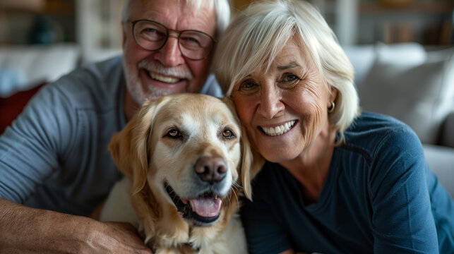 Pet Parent. Elderly couple and cute Labrador dog Be like a family member smiling with happiness