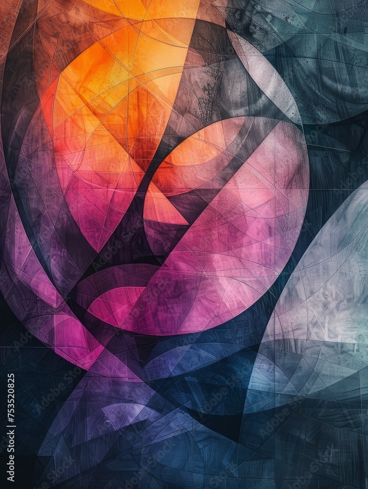 Poster abstract expressionism with hand-drawn lines and fractal art on a polygonal design background.