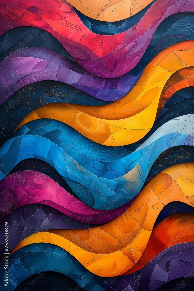 Poster vibrant energy flows through abstract waves on a digital geometric backdrop, creating a dynamic visu
