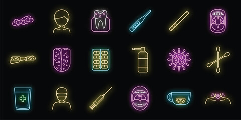 Tonsillitis icons set outline vector. Tonsil anatomy. Mouth throat neon isolated