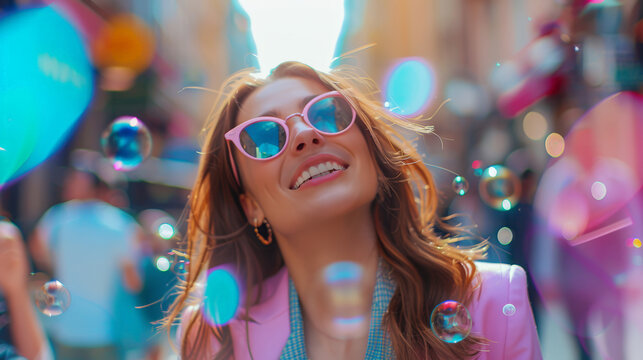 A half upper woman donning sunglasses and a joyful expression stands on a street, wearing a colorful suit. The background features a blurred cityscape and people, enhanced by a bubble effect.