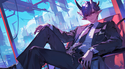 handsome anime with Japanese oni, formal office suit uniform - obrazy, fototapety, plakaty