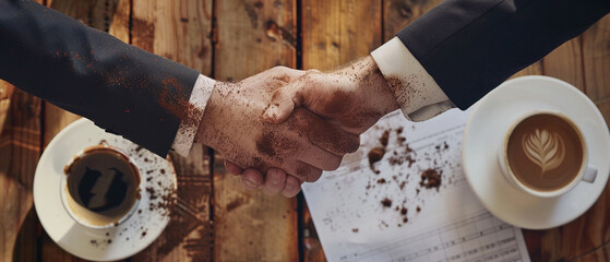 A high angle shot of two businessmen shaking hands, their forms created with coffee grounds on a spreadsheet printout