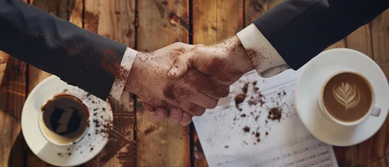 Fotobehang A high angle shot of two businessmen shaking hands, their forms created with coffee grounds on a spreadsheet printout © A-9-ME
