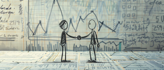 A medium shot angle of two businessmen shaking hands, depicted as stick figures drawn with whiteboard marker on a giant chart showing financial projections