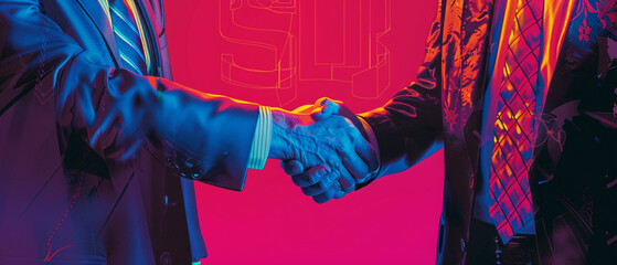 A medium shot angle of two businessmen wearing colorful ties, shaking hands, rendered in the nostalgic aesthetic of a 1980s movie poster, with neon stock symbols