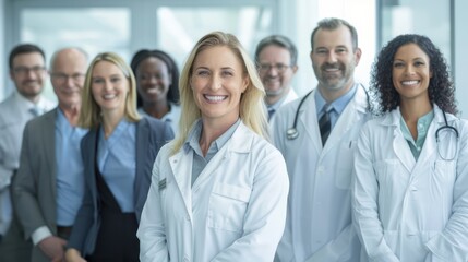 Advertising photo featuring a team of expert medical personnel including surgeons, doctors, and regulators, in a modern corporate office setting