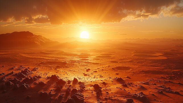 Dust on Mars. Sunset on Mars. Martian landscape with craters. All art elements made by me.