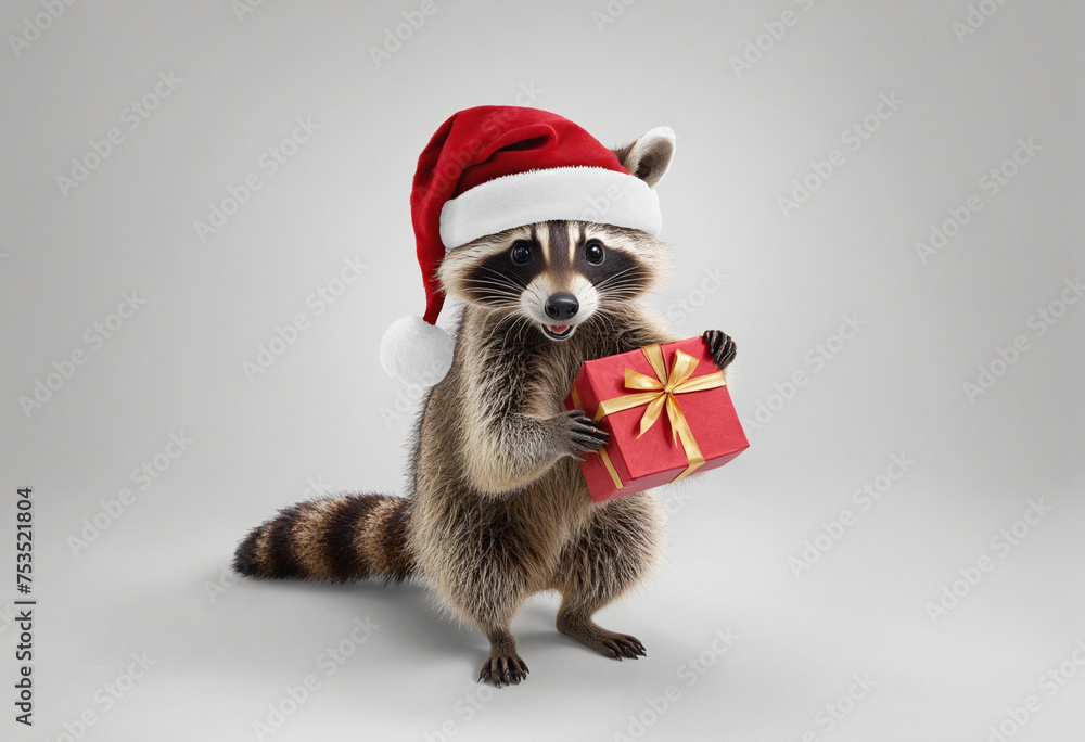 Wall mural Cute raccoon in santa hat dances with red gift on white background