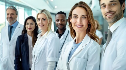 Fototapeta premium Advertising photo featuring a team of marketing experts, managers, directors, and regulators in a modern corporate office, smiling and standing facing the camera