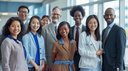 Obraz premium a team of proficient medical professionals, consisting of surgeons, doctors, and regulators, within a sleek corporate office backdrop. They are portrayed smiling, poised, and facing the camera