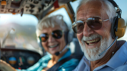 Cheerful elderly couple wife and husband sitting in airplane and enjoy their fly to vacation - obrazy, fototapety, plakaty